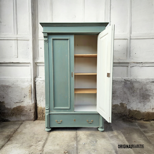 Antique Pine Linen Cupboard Armoire Distressed Farrow & Ball Green Smoke