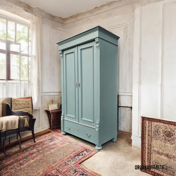 Antique Pine Linen Cupboard Armoire Distressed Farrow & Ball Green Smoke