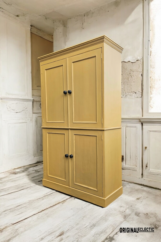 Victorian antique pine housekeepers linen cupboard Farrow and Ball India Yellow