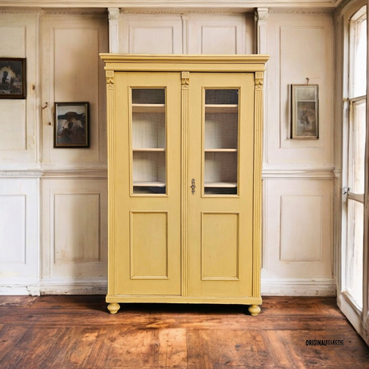 Old antique pine glazed display cupboard bookcase shelved F & B India Yellow