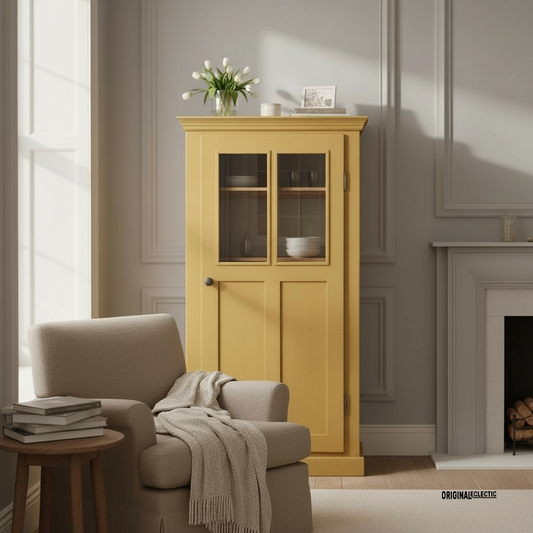Antique glazed linen Cupboard mustard yellow