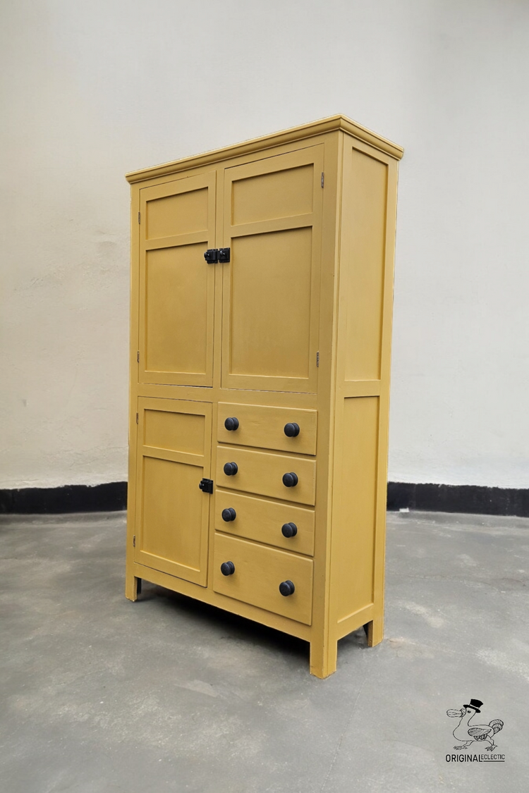 Vintage antique pine housekeepers school cupboard Farrow and Ball India Yellow