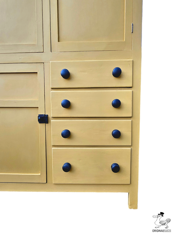 Vintage antique pine housekeepers school cupboard Farrow and Ball India Yellow