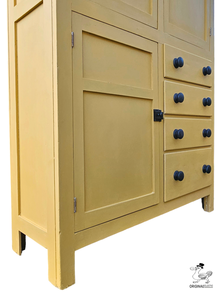 Vintage antique pine housekeepers school cupboard Farrow and Ball India Yellow