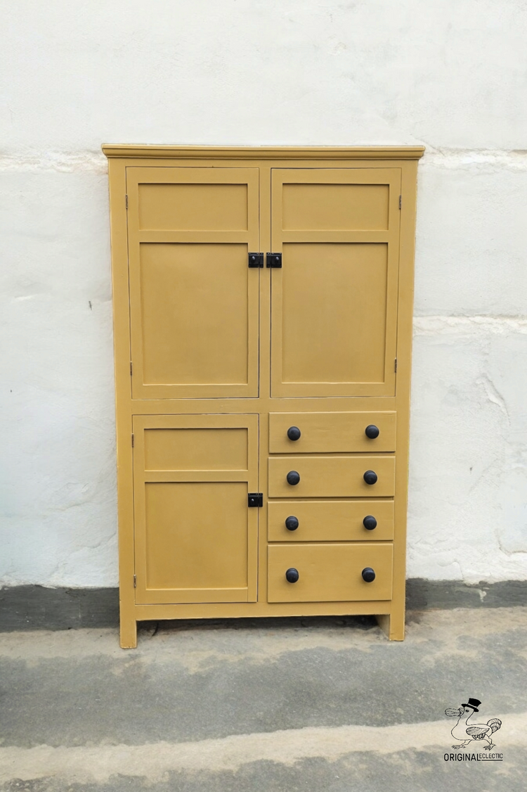 Vintage antique pine housekeepers school cupboard Farrow and Ball India Yellow