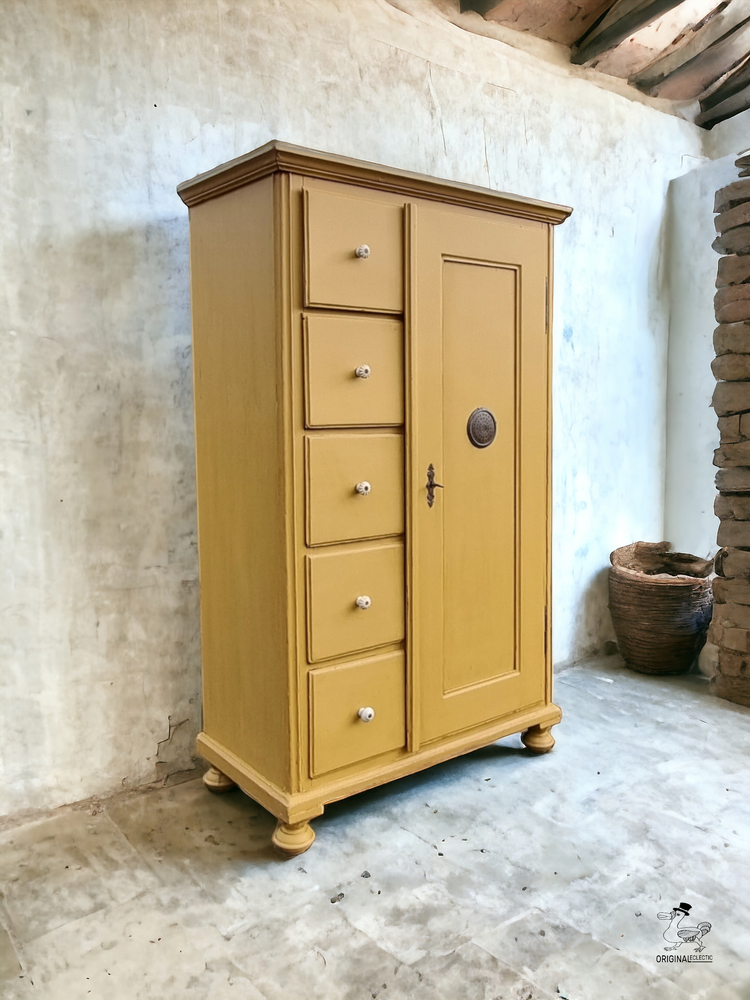 Antique Old Pine Storage Cupboard Rustic Farrow and Ball India Yellow c 1880