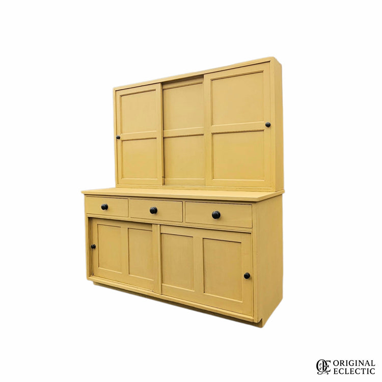 Large mustard yellow antique pine housekeepers cupboard