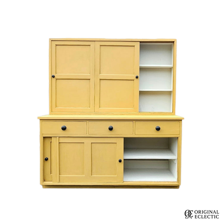 Large mustard yellow antique pine housekeepers cupboard